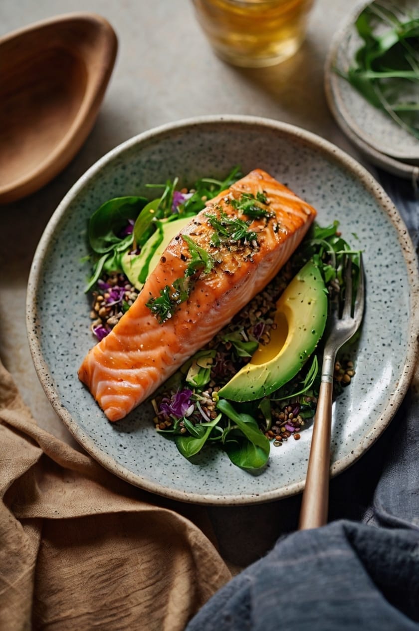 10 aliments interdits en cas de Diabète de Type 2 (+ Alternatives saines) - assiette saumon avocat