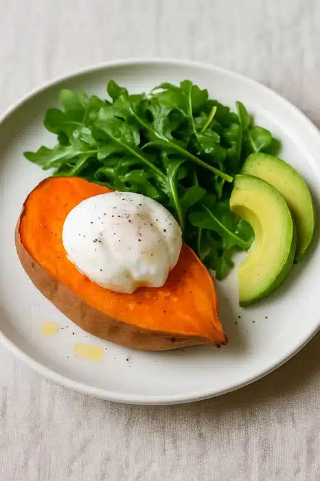 Une assiette de patate douce avec un oeuf poché et de l'avocat
