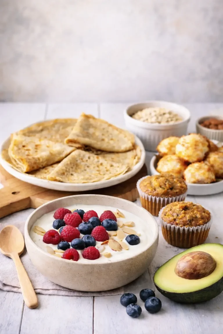 15 idées de petit-déjeuner IG bas pour éviter les pics de glycémie Idées de petit-déjeuner IG bas avec crêpes, yaourt aux fruits rouges, muffins et avocat