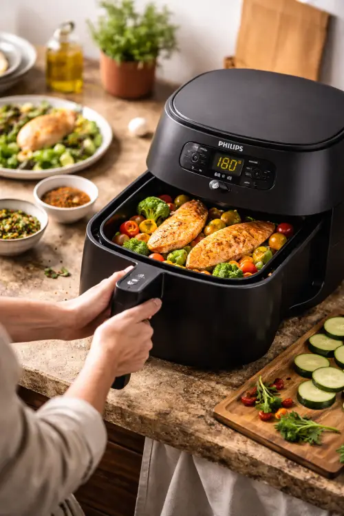 Airfryer et diabète : bonne ou mauvaise idée pour la glycémie ? Utilisation Airfryer Philips NA230 cuisson saumon légumes alimentation IG bas - Airfryer et diabète