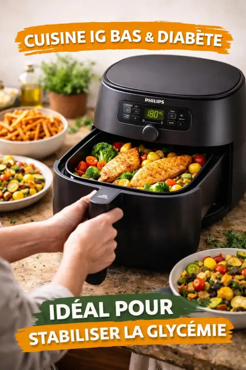 Airfryer et diabète : bonne ou mauvaise idée pour la glycémie ? Airfryer Philips NA230 cuisson repas IG bas pour stabiliser la glycémie - Airfryer et diabète