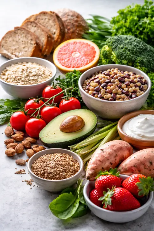 Selection of low gi index foods: vegetables, fruits, legumes, seeds and dairy products for a balanced diet