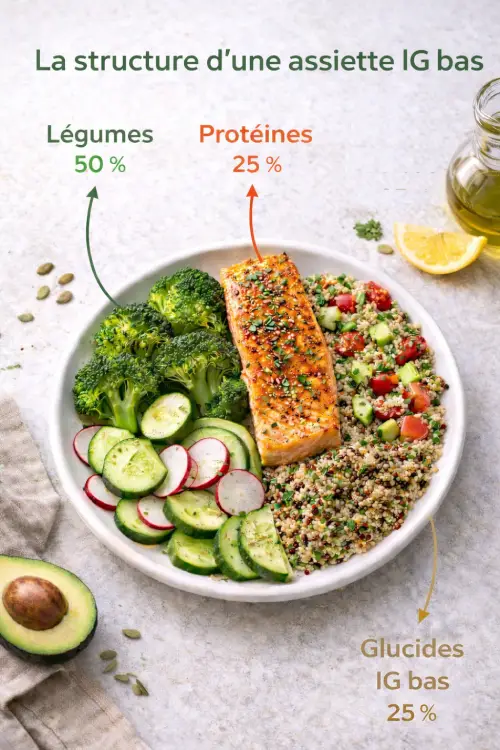 Menu IG bas : exemples de repas pour stabiliser la glycémie Assiette équilibrée IG bas avec saumon quinoa légumes avocat et brocoli