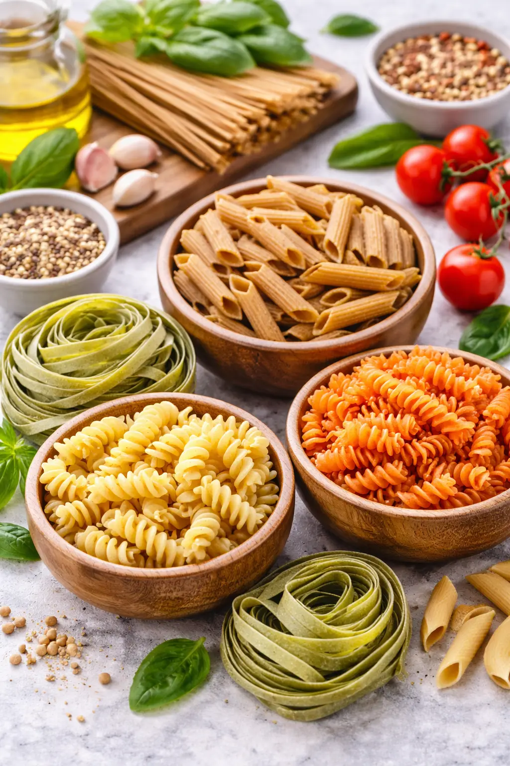 Différents types de pâtes IG bas crues indice glycémique bas pâtes complètes légumineuses et blé dur
