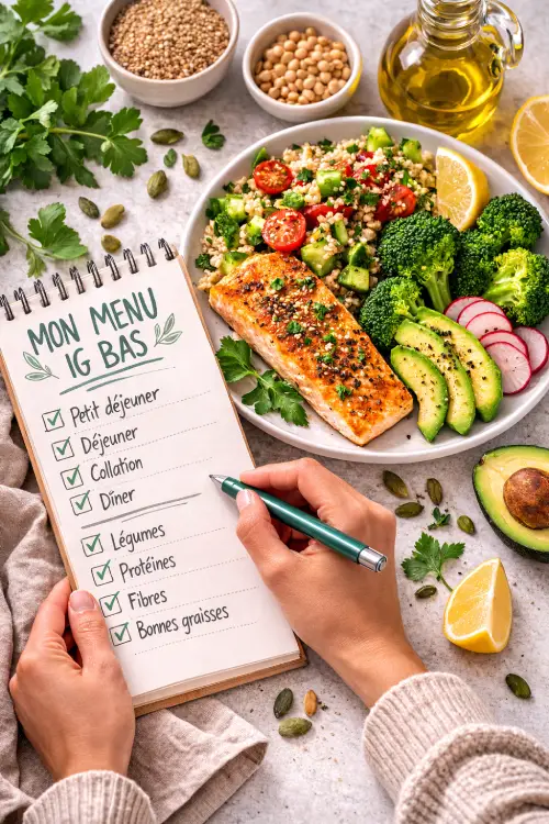 Menu IG bas : exemples de repas pour stabiliser la glycémie Planification d'un menu IG bas avec assiette équilibré saumon quinoa légumes