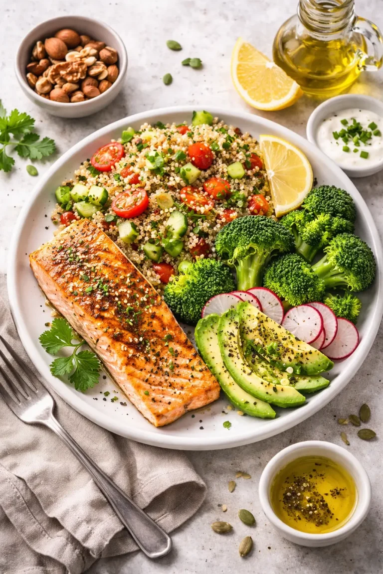 Exemple de menu IG bas avec saumon quinoa légumes et avocat pour stabiliser la glycémie