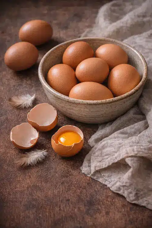 Oeufs dans un bol avec jaune d'œuf cassé sur une table en bois illustration alimentation IG bas