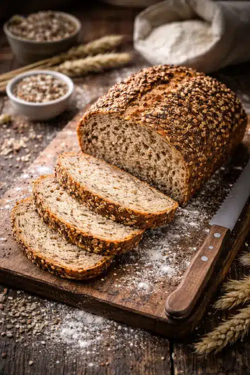 Pain aux graines à indice glycémique bas tranché sur une planche en bois