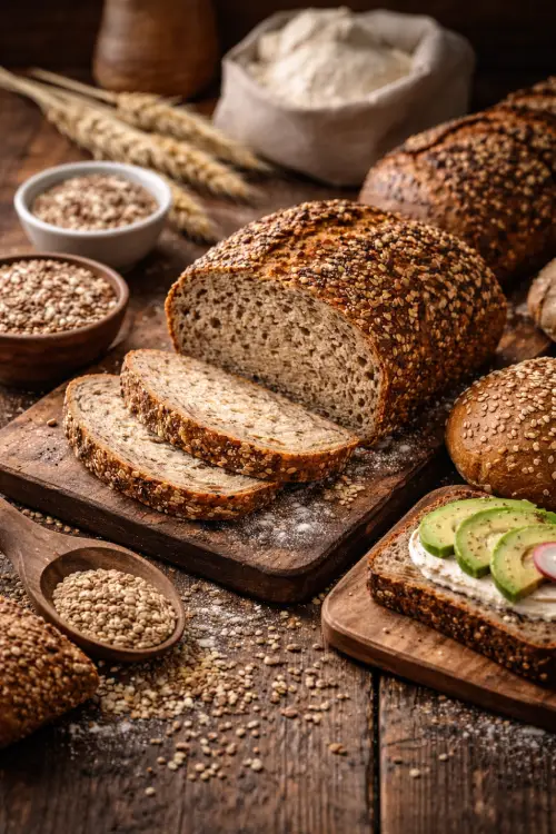 Pain complet aux graines et tartine équilibrée adaptés à une alimentation IG bas