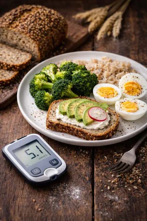 Repas équilibré avec pain aux graines, légumes et œufs adapté à une alimentation IG bas pour diabète