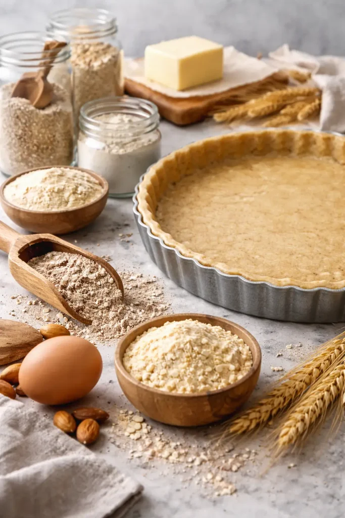 Pâte à tarte IG bas maison avec farines alternatives et ingrédients pour cuisine à indice glycémique bas