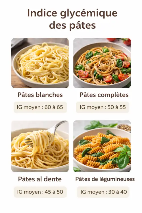 Indice glycémique des pâtes blanches complètes al dente et pâtes de légumineuses