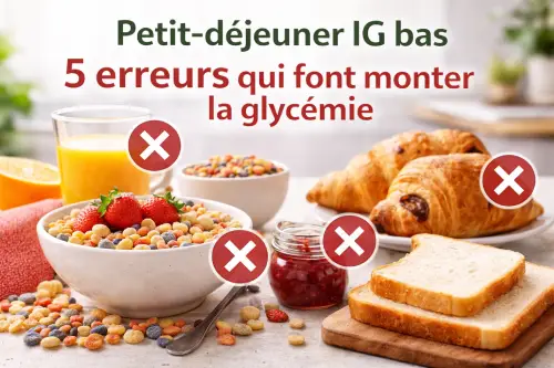 Petit-déjeuner IG bas : les erreurs qui font monter la glycémie le matin 5 erreurs petit-déjeuner IG bas qui font monter la glycémie avec céréales sucrées, jus d'orange, viennoiseries et pain blanc
