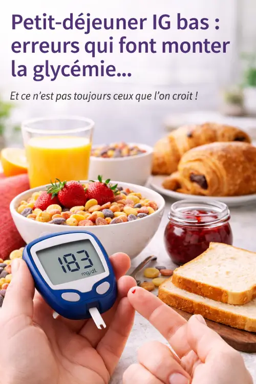 Petit-déjeuner IG bas : les erreurs qui font monter la glycémie le matin Mesure de glycémie élevée après petit déjeuner avec céréales sucrées jus d'orange pain blanc et viennoiseries