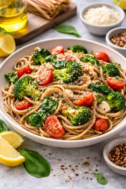 Pâtes IG bas complètes avec légumes dans une alimentation à indice glycémique bas