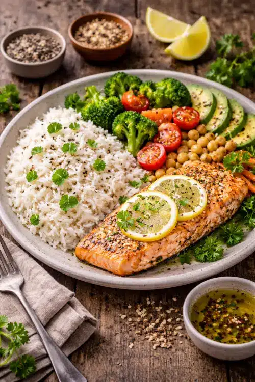 Riz IG bas : quel riz choisir pour éviter les pics de glycémie ? Assiette équilibrée avec riz basmati, saumon et légumes dans une alimentation à indice glycémique bas