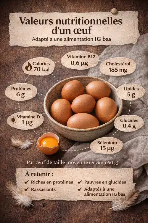 Valeurs nutritionnelles d’un œuf de taille moyenne adapté à une alimentation à indice glycémique bas
