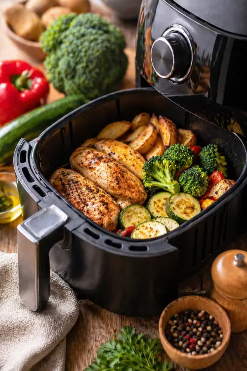 Airfryer avec légumes, poisson et poulet pour une cuisson saine adaptée au diabète et à une alimentation IG bas