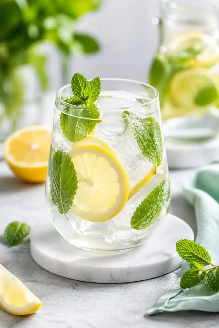 Verre d’eau citronnée avec menthe et glaçons, boisson naturelle pour réduire les fringales sucrées chez les diabétiques