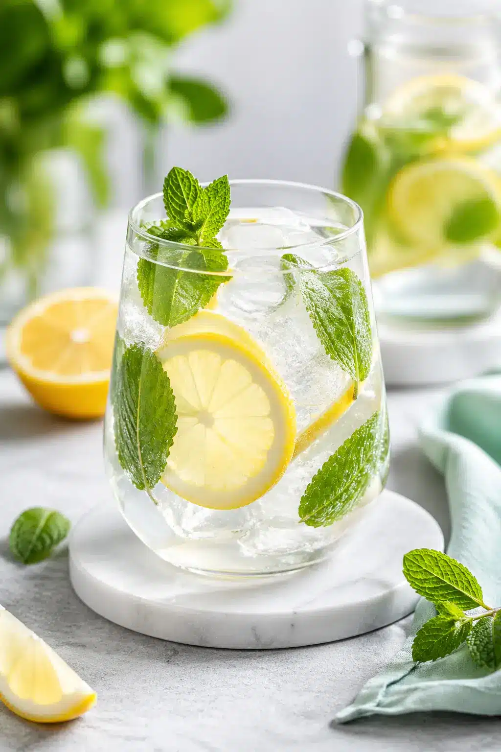 Verre d’eau citronnée avec menthe et glaçons, boisson naturelle pour réduire les fringales sucrées chez les diabétiques