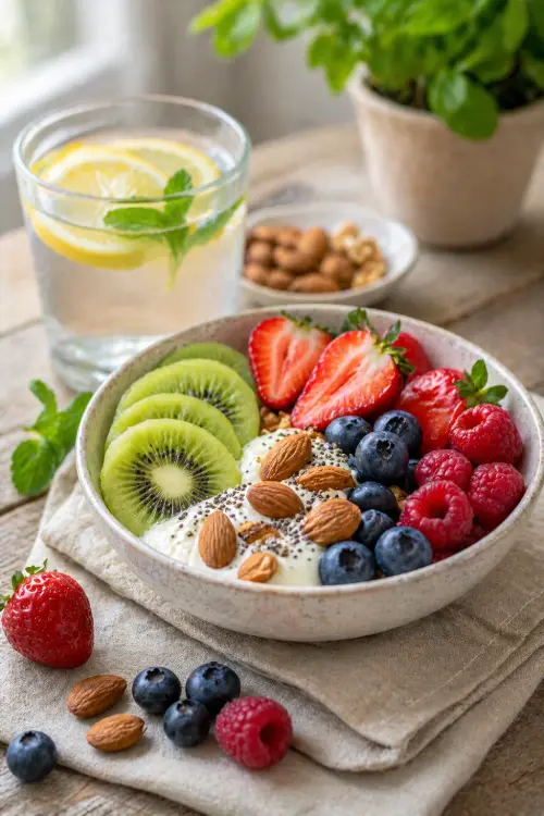 Fruits IG bas : la liste complète pour contrôler sa glycémie Bol de yaourt avec fruits IG bas (fraises, myrtilles, kiwi) et amandes pour une collation équilibrée