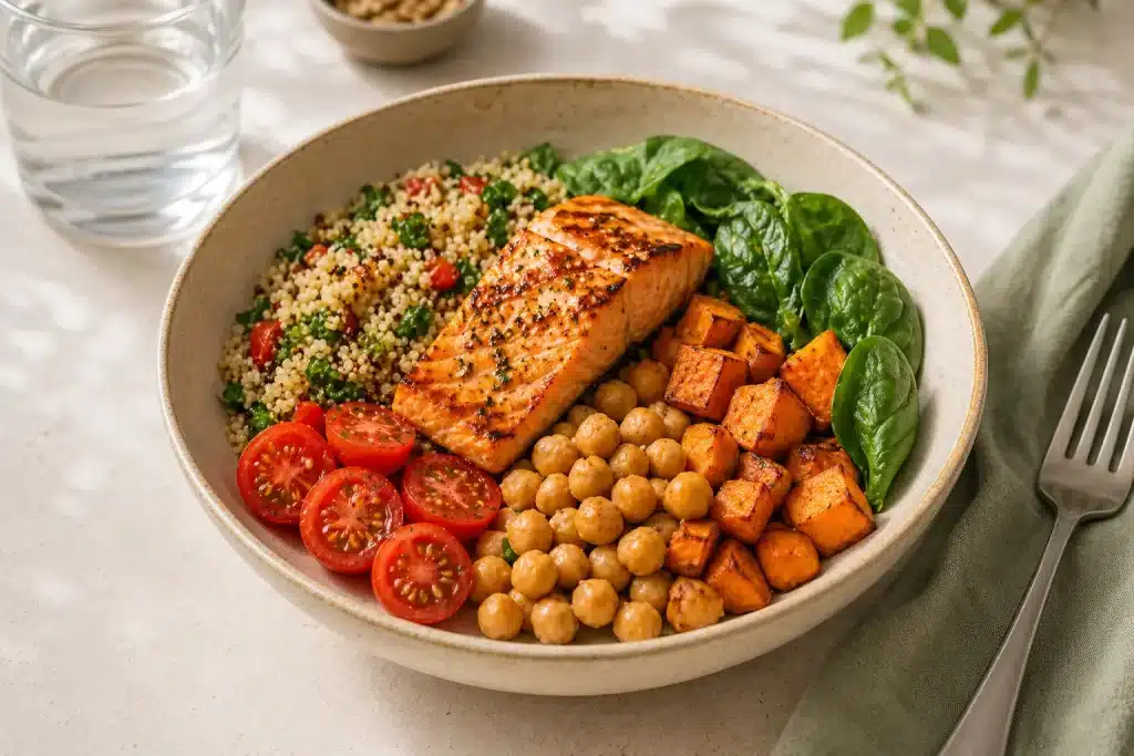 Assiette équilibrée de saumon, quinoa et légumes IG bas du programme perte de poids MiDiabeteCooking