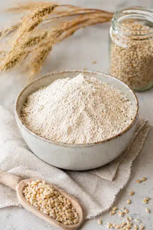 Farine d’orge mondé dans un bol avec grains d’orge pour une alimentation à indice glycémique bas