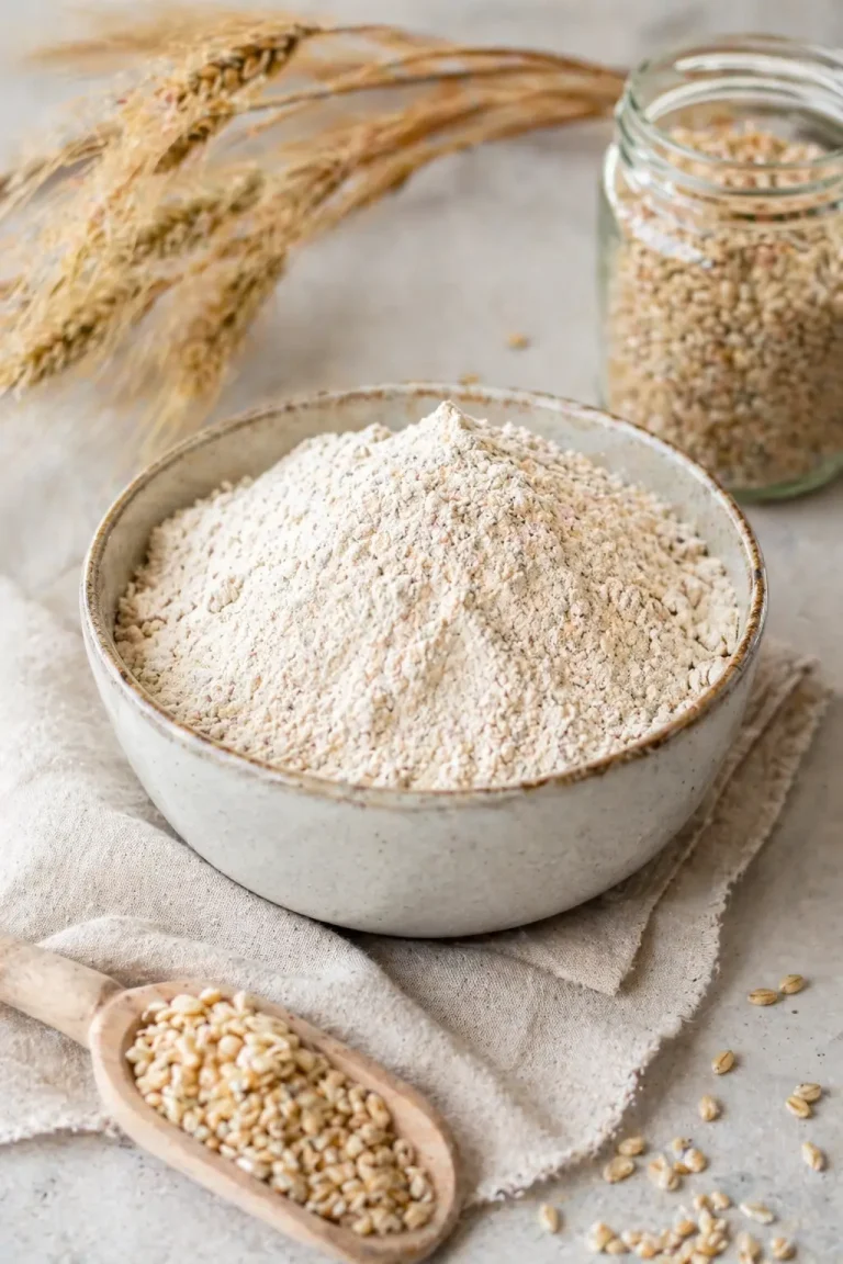 Farine d’orge mondé dans un bol avec grains d’orge pour une alimentation à indice glycémique bas