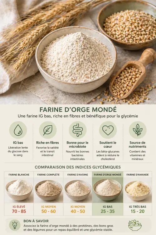 Comparaison indice glycémique farine d’orge mondé, farine blanche, avoine et amande