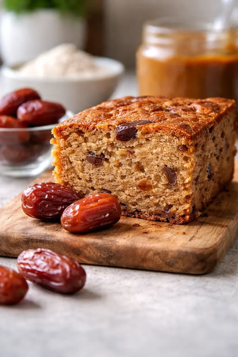 Gâteau aux dattes moelleux sans sucre blanc posé sur une planche avec des dattes fraîches en avant-plan