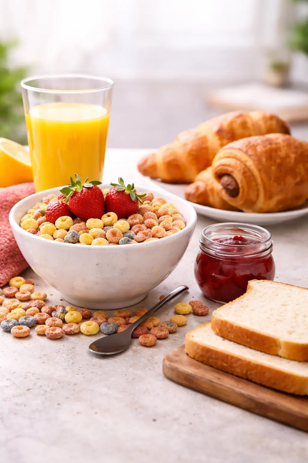 Petit-déjeuner IG bas : les erreurs qui font monter la glycémie le matin Petit déjeuner riche en sucres avec céréales sucrées jus d'orange pain blanc et viennoiseries pouvant faire monter la glycémie