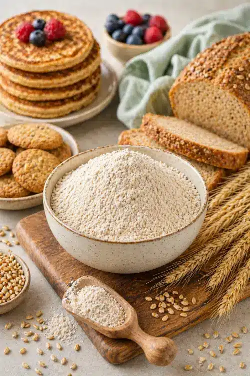 Préparations et recettes avec farine d’orge mondé comme pain, pancakes et biscuits IG bas