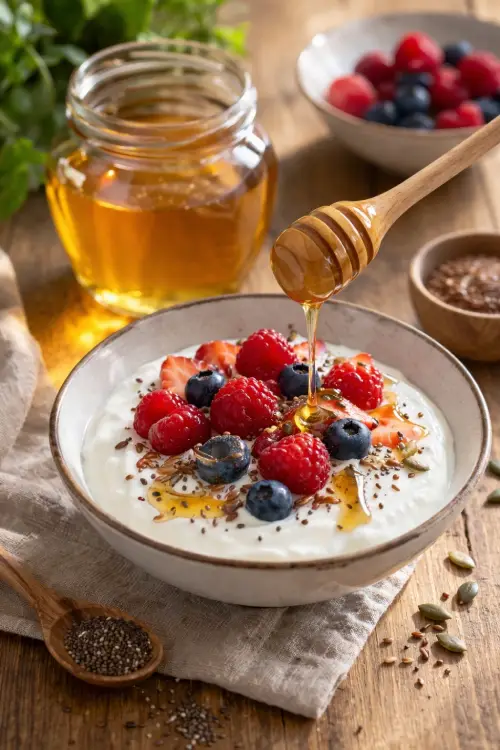 Sirop d’agave : bonne ou mauvaise idée pour la glycémie ? Bol de yaourt avec fruits rouges et graines sucré avec du sirop d’agave dans une alimentation à indice glycémique bas