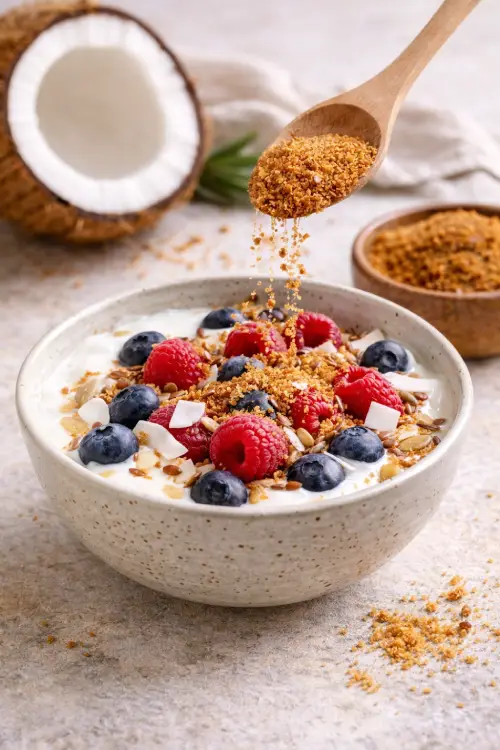 Sucre de fleur de coco : bonne alternative pour la glycémie ou faux ami ? Sucre de coco ou sucre de fleur de coco ajouté dans un yaourt avec fruits rouges dans une alimentation à indice glycémique bas
