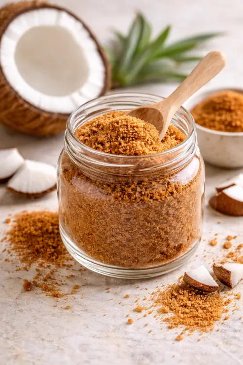 Sucre de fleur de coco : bonne alternative pour la glycémie ou faux ami ? Sucre de fleur de coco dans un bocal avec noix de coco pour illustrer une alternative au sucre dans une alimentation à indice glycémique bas