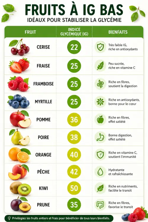 Fruits IG bas : la liste complète pour contrôler sa glycémie Tableau des fruits IG bas avec leurs valeurs IG et leurs bienfaits