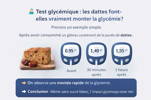 Remplacer le sucre dans les gâteaux : l’astuce à la mode… mais est-elle vraiment adaptée au diabète ? Test glycémie après consommation d’un gâteau aux dattes, pour remplacer le sucre blanc, montrant une montée rapide du taux de sucre dans le sang