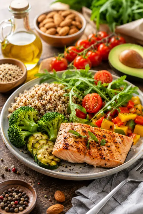 Comprendre le diabète de type 2 simplement : guide débutant sans culpabiliser Assiette équilibrée IG bas avec saumon grillé, quinoa, brocolis, avocat et légumes frais adaptée pour comprendre le diabète de type 2