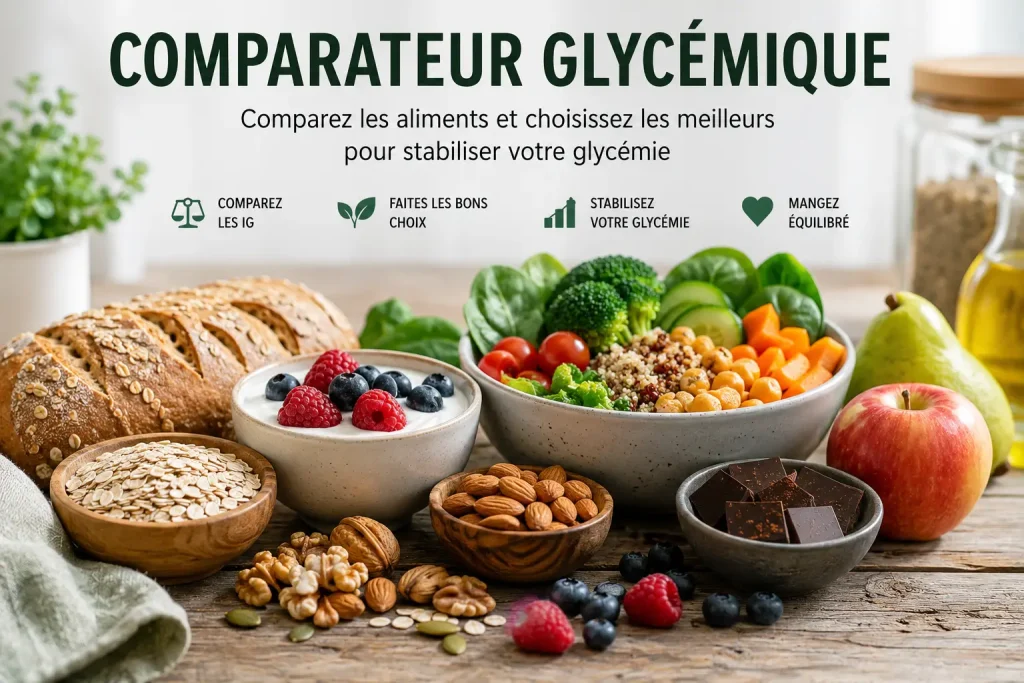 Comparateur glycémique des aliments Comparateur glycémique des aliments permettant de comparer l'impact sur la glycémie de différents aliments comme les fruits, céréales, produits laitiers, oléagineux et légumes.