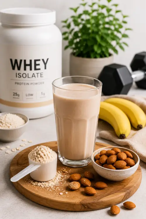 7 meilleures whey pour le diabète type 2 en 2026 Verre de shake protéiné avec whey isolate, amandes et bananes dans une ambiance nutrition healthy et sportive.