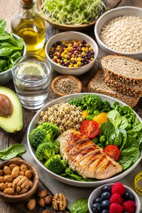 Comprendre le diabète de type 2 simplement : guide débutant sans culpabiliser Repas équilibré IG bas avec poulet grillé, légumes, quinoa et aliments adaptés pour comprendre le diabète de type 2