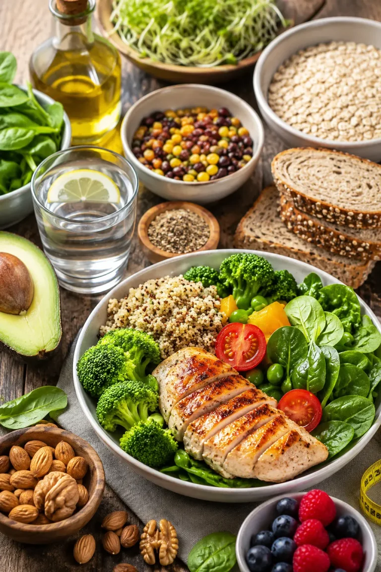 Repas équilibré IG bas avec poulet grillé, légumes, quinoa et aliments adaptés au diabète de type 2