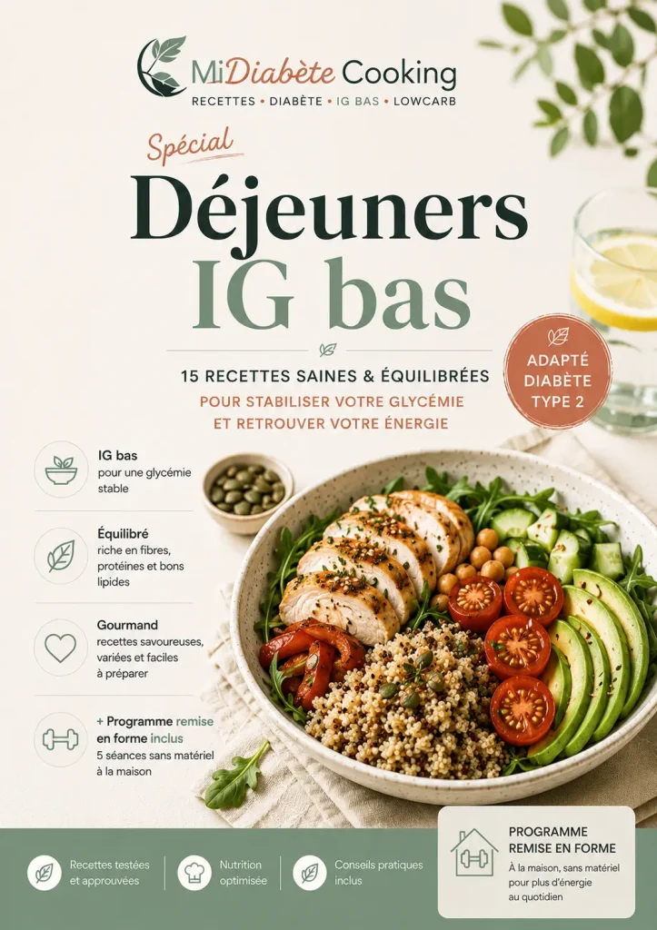 Couverture ebook spécial déjeuners IG bas payant perte de poids et remise en forme exercice à la maison sans appareil MiDiabeteCooking