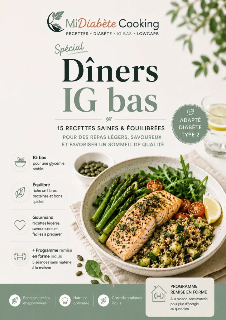 Couverture ebook spécial dîners IG bas payant perte de poids et remise en forme exercice à la maison sans appareil MiDiabeteCooking