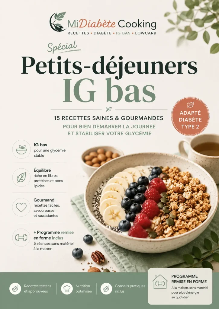 Couverture ebook spécial petits-déjeuner IG bas payant perte de poids et remise en forme exercice à la maison sans appareil MiDiabeteCooking