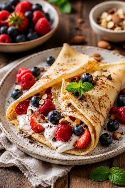 Crêpes sucrées IG bas garnies de yaourt nature, fruits rouges et chocolat noir