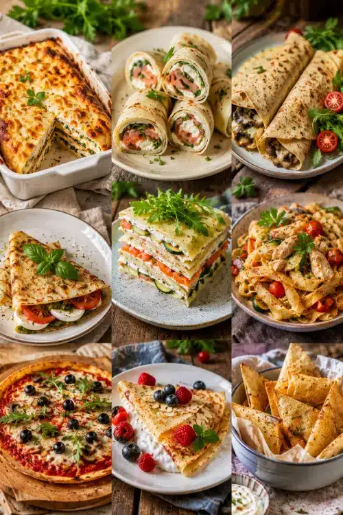 Collage de recettes IG bas réalisées avec des restes de crêpes salées et sucrées