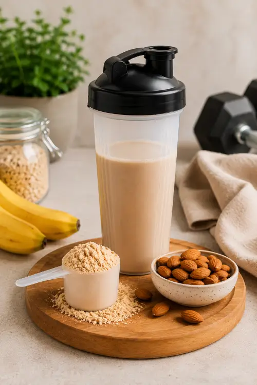 7 meilleures whey pour le diabète type 2 en 2026 Shake protéiné avec whey isolate, bananes et amandes dans une ambiance nutrition healthy et sportive.