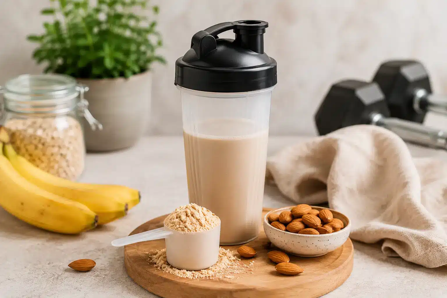 Shake protéiné avec whey isolate, bananes et amandes dans une ambiance nutrition healthy et sportive.