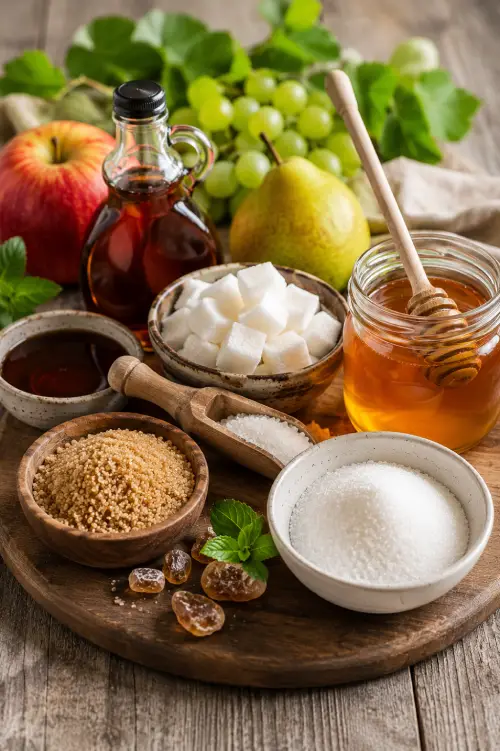 Quel sucre pour diabétique ? Ce que vous devez vraiment savoir Différents types de sucres naturels et raffinés présentés sur une table rustique pour illustrer leur impact sur la glycémie et le diabète quel sucre pour diabétique